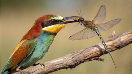 Fototapeta premium Close-up of a bee eater's face as it gazes intently at a struggling dragonfly caught in its beak, fierce hunter, winged prey