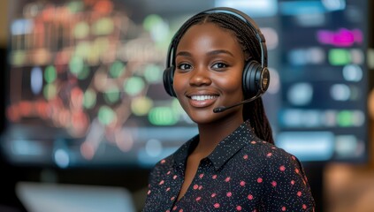 A confident Black female call center agent with short hair, wearing a headset in front of an interactive digital wall displaying real-time customer traffic and hotline data, 