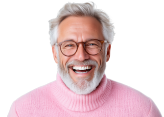 Cheerful older man wearing glasses and a pink sweater smiles brightly in a bright atmosphere