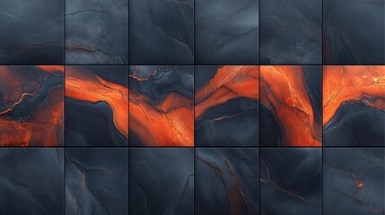 Molten lava flow across dark tiled wall, fiery background, wall decor