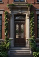 Classic brownstone with garlands and swags of greenery draped along the facade, garland, holiday decorating