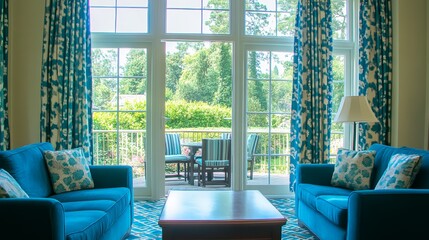 Luxurious Living Room with Patio View and Teal Accents