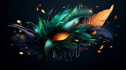 Teal feathered masquerade mask, dark background, celebration, party decor