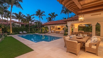 Fototapeta premium Luxurious Mediterranean Villa Evening Poolside Scene