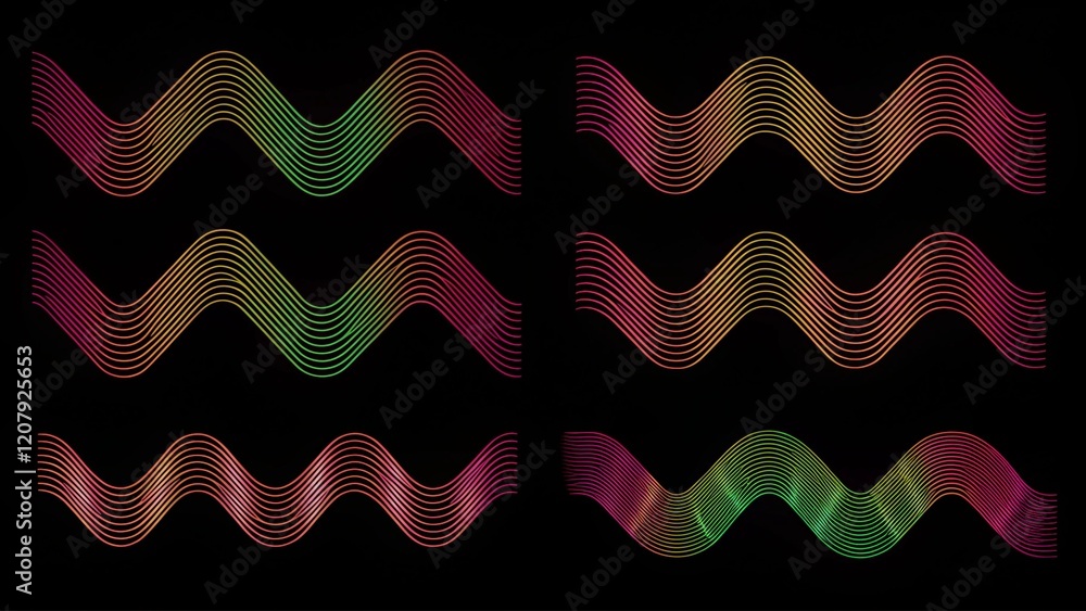 Poster Abstract wavy shape sound equalizer speaker on black background. Linear fluid background design, dynamic motion lines, audio waveform illustration, digital abstract flow energy visualization