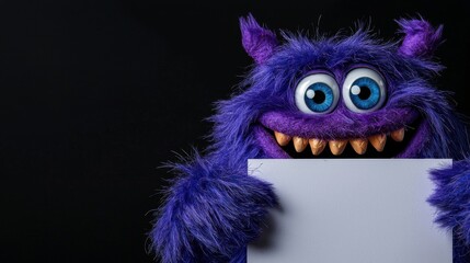 Fototapeta premium A purple monster with large expressive eyes and a big smile holds up a blank sign. Its fluffy texture and vibrant color add a fun element to the dark backdrop, creating an engaging atmosphere