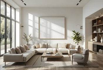 Wall Frame Mockup in Minimalist Living Room - 3D Render
 