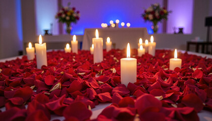 Candles surrounded by rose petals on a romantic table setting