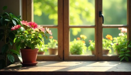 Fototapeta premium Dark wood table against soft focus summer window with vibrant flower pot on the left side, wooden table, soft focus, flower pot