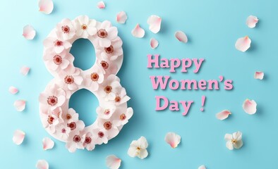 Happy Women's Day: A delicate and vibrant celebration of International Women's Day. The number eight, crafted from soft pink petals, stands out against a gentle blue background.
