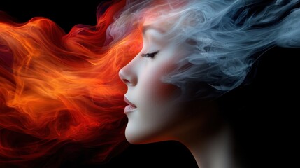 Fototapeta premium A woman is shown in profile as colorful smoke, representing fire and ice, swirls around her head, creating a striking contrast against a dark background, highlighting her features