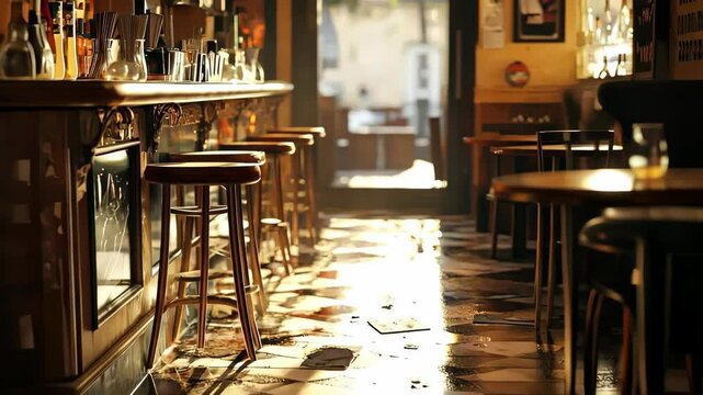 A bar with a lot of stools and tables. The bar is empty. Scene is calm and relaxing