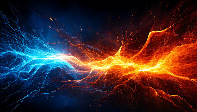 Electric Energy Abstract Art Blue and Orange Lightning Bolts with Glowing Background, Trendy and Fun Lifestyle with a Burst of Energy, Capturing the Latest Trends, Fun, Energy, Trend