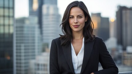 A professional woman stands confidently on a rooftop while the sun sets behind a modern city skyline. She is dressed in a tailored suit, exuding elegance and poise