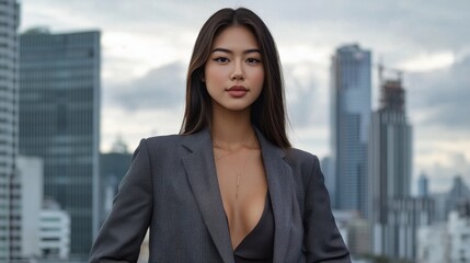 A confident woman wears a tailored blazer and strikes a powerful pose against a stunning urban skyline. The city buildings reflect twilight hues, enhancing her presence
