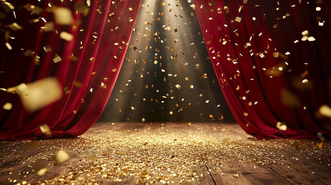 Festive Stage Setting Red Curtains Golden Confetti Award Ceremony Background