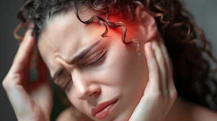 Obraz premium A woman experiencing intense headache, holding her head with a pained expression, highlighting the struggle with migraines
