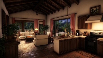 Fototapeta premium Luxurious Villa Interior Design Open Living Space and Kitchen