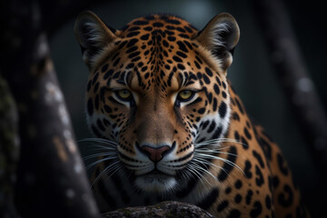 Fototapeta premium Jaguar close-up portrait on a dark background, realistic photography illustration in a low key style.