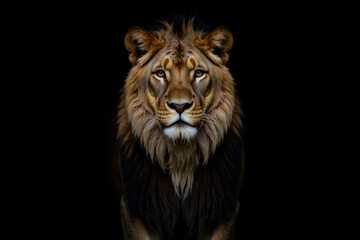 Fototapeta premium Lion front view portrait on a black background, realistic photography illustration in a low key style.