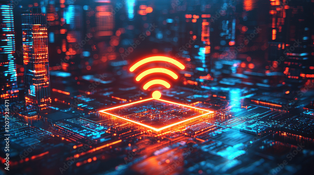 Aufkleber wi-fi signal surrounded by colorful digital data representing wireless information flow