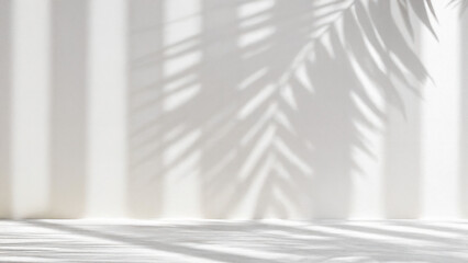 Fototapeta premium Minimalist tropical palm shadow on white background for modern branding and natural lifestyle designs or creative summer mock-up. Neutral tropical palm mockup on light backdrop