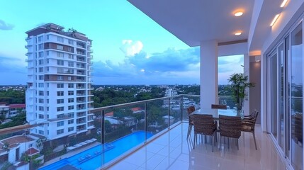 Naklejka premium Luxury Apartment Balcony Cityscape Evening View