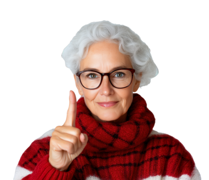 Elderly woman in a red and white sweater with glasses raising her finger in a thoughtful gesture