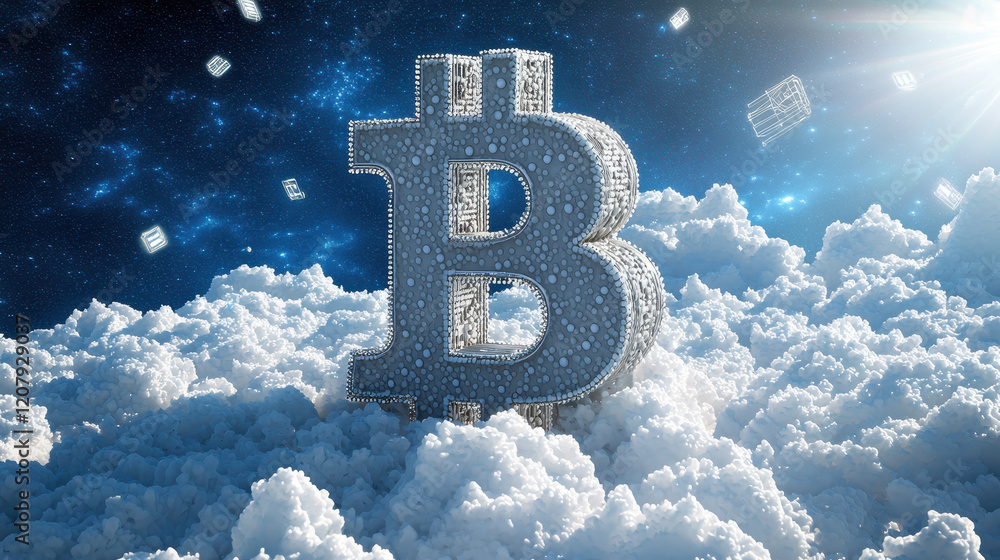 Aufkleber bitcoin symbol floats in space amid glowing data clouds and digital particles