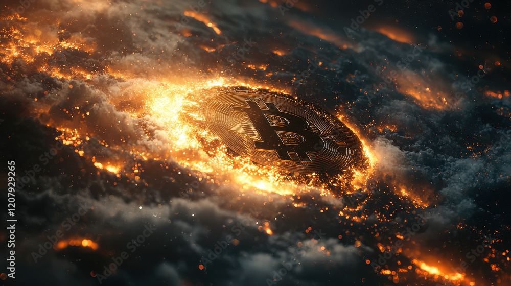 Poster bitcoin symbol floats among glowing data clouds and digital particles in cosmic space