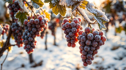 frozen grapes in the vineyard covered in ice, snow in spring 