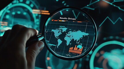 A hand is holding a magnifying glass over a computer screen that shows a map of