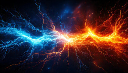 Fototapeta premium Electric Energy Abstract Art Blue and Orange Lightning Bolts with Glowing Background, Trendy and Fun Lifestyle with a Burst of Energy, Capturing the Latest Trends, Fun, Energy, Trend
