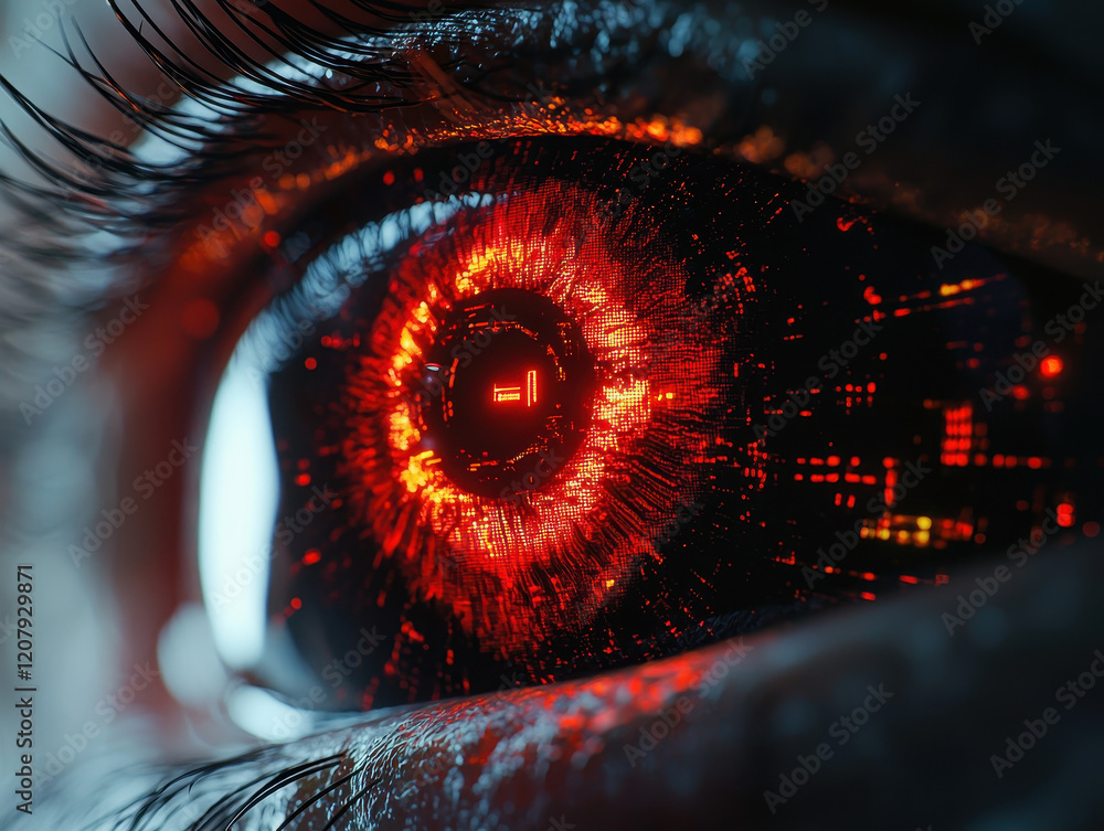Poster close-up view of a cybernetic eye implant glowing with intricate high-tech patterns in the dark