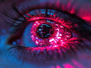 Close-up of a glowing cybernetic eye implant with intricate high-tech details