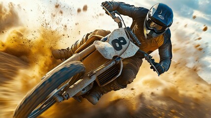Motocross rider drifts on dirt track, dust flying, sunset backdrop