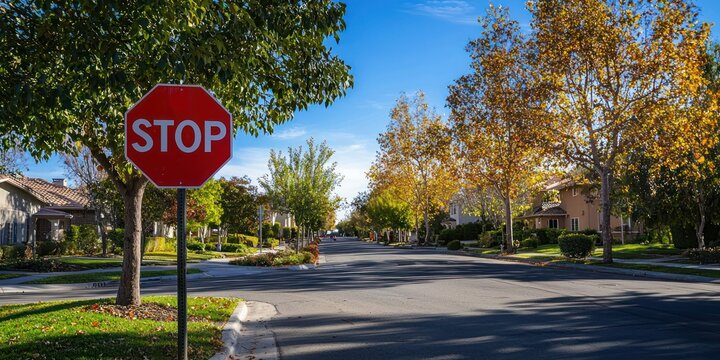 A vibrant red stop sign at a suburban intersection on a sunny day, with trees and houses in the background.