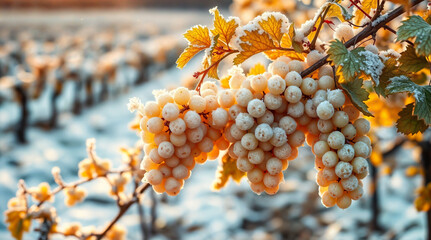 frozen grapes in the vineyard covered in ice, snow in spring 