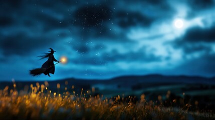 A witch in dark attire rides a broomstick, holding a glowing orb while soaring above a field filled with tall grasses at nighttime. The cloudy sky enhances the mystical atmosphere