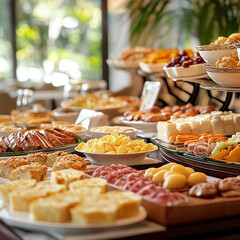A luxury hotel breakfast buffet arranged with fine china and an array of international breakfast options such as French pastries, scrambled eggs, smoked meats, and fresh tropical fruits.