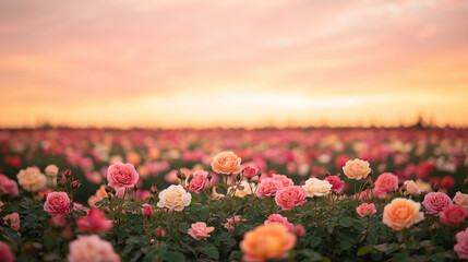 Fototapeta premium A rose garden at dusk with rows of colorful blooms under a pink-orange sky, the horizon providing an expansive area for copy