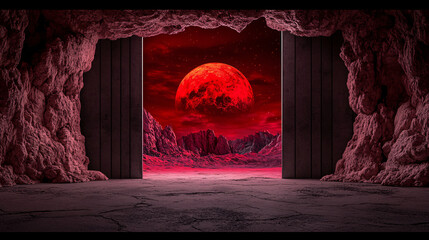 surreal landscape featuring glowing red planet viewed through rocky cave like openings. scene evokes sense of otherworldly beauty and mystery