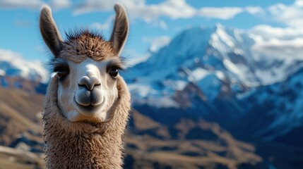 Obraz premium A llama gazes curiously at the viewer with a scenic backdrop of towering, snow-covered peaks and a vibrant sky. The serene environment highlights the beauty of Peru's landscapes