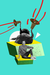 3D photo collage template trend artwork composite of young guy smile sit down animal wild ostrich...