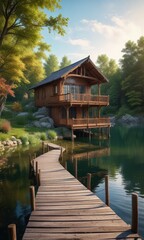 Obraz premium Boathouse with a curved roofline and wooden railings overlooking a tranquil lake, lake, peaceful