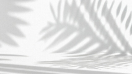 Obraz premium Minimalist tropical palm shadow on white background for modern branding and natural lifestyle designs or creative summer mock-up. Neutral tropical palm mockup on light backdrop