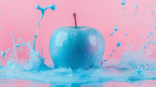 Light Blue Apple on Pastel Pink Background with Splashes of Blue and Pink Paint, Creative Advertising Photo