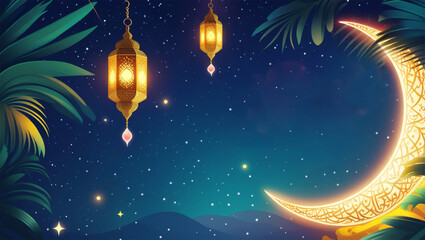 Greeting card background, eid mubarak glowing crescent moon with hanging lantern