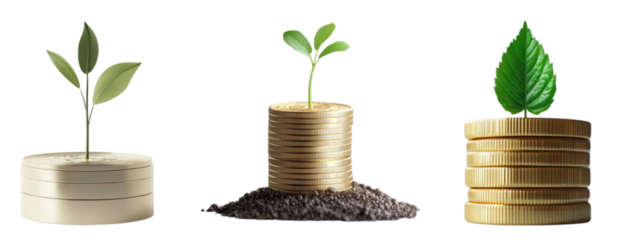 Growth of Investments Represented by Plants Growing from Stacks of Coins