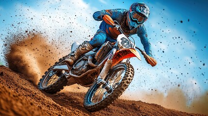 Motocross rider racing on dirt track, dust flying, blue sky